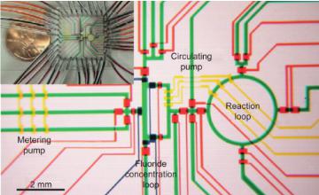 圖6：用于合成2-脫氧-2- [18 F]氟-D-葡萄糖（[18 F] FDG）的微流體反應器。請注意相應標簽的設備的子單元。可以看出，該設備的整個占地面積幾乎不大于硬幣。Lee等人的圖片 “使用集成微流體的放射性標記成像探針的多步合成”。
