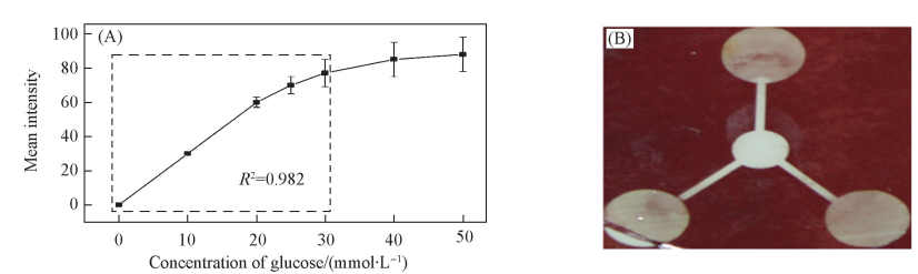 Fig.4Plotofmeanintensityasafunctionofglucoseconcentration(A)andthechangedcolorofiodinefromurineassay(B)