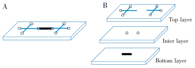 磁珠芯片設(shè)計(jì)圖:(A)芯片俯視示意圖;(B)芯片各層示意圖