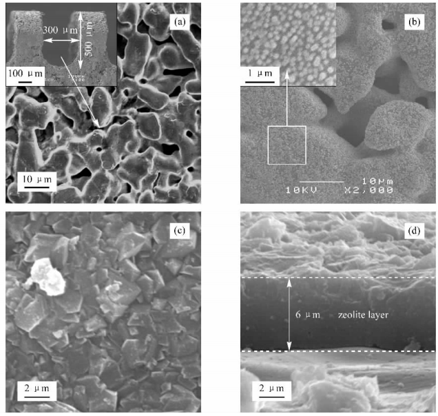 圖2不銹鋼微通道內(nèi)表面、引入晶種以及沸石生長成膜的電鏡照片