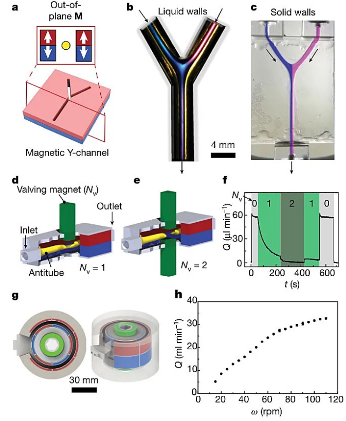 通過控制磁場實現微流體控制。圖片來源：Nature